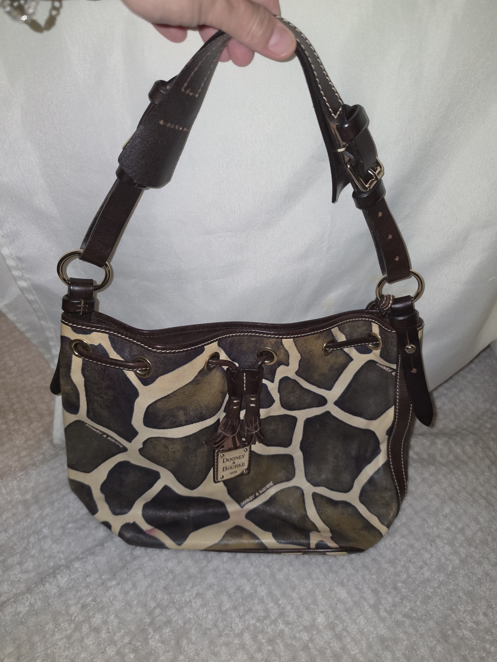Dooney & Bourke Brown and Cream Giraffe-Print Leather Drawstring Shoulder Bag